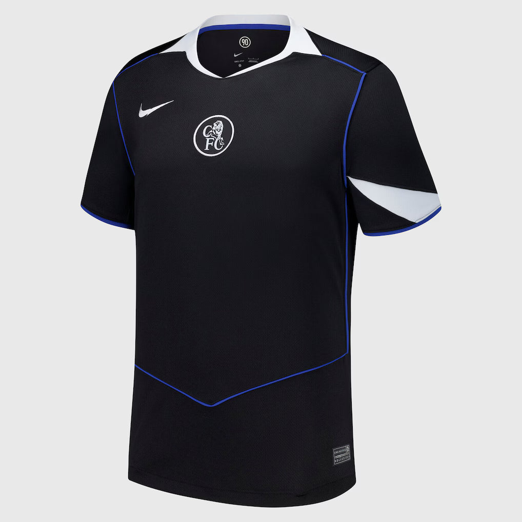 Chelsea 25/26 Third black jersey with white blue accents, crest, Nike